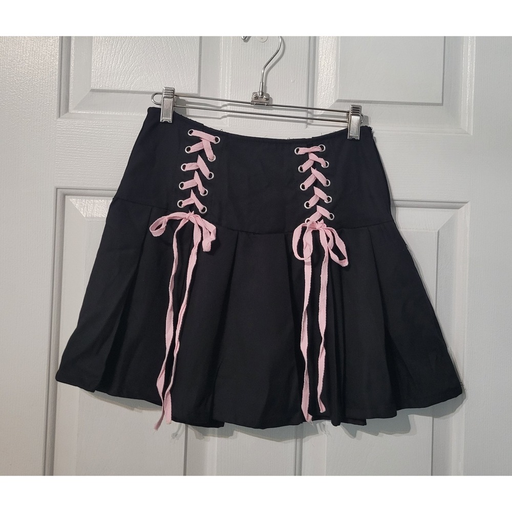 Hot Topic Pleated Mini Skirt Lace Up Small Black Pink Coquette Goth Punk Lolita
